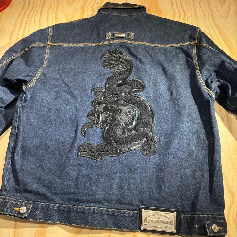 Johnny Blaze Men's Vintage Embroidered Dragon Dark Wash Denim Trucker Jacket XL
